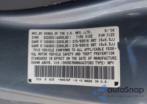 2006 Honda Cr-V Se z USA, uszkodzony, nr VIN SHSRD78986U437383